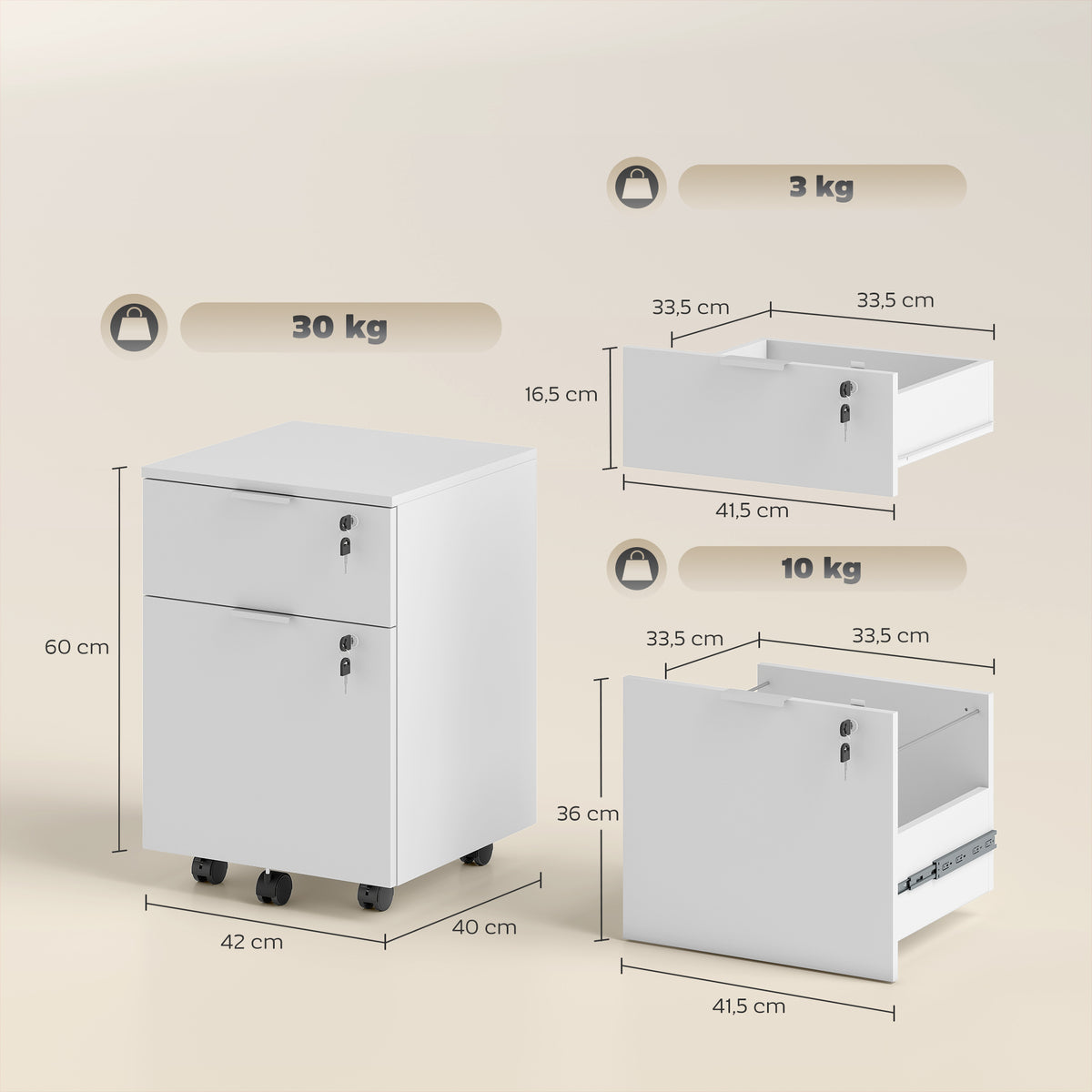 Caisson de bureau, meuble de rangement 2 tiroirs 2 barres pour dossier suspendu, verrouillable avec 2 clés 42x40x60 cm