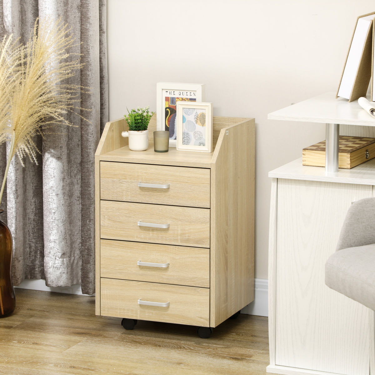 Caisson bureau rangement sur roulettes 4 tiroirs coulissants MDF et panneaux particules 40x36x65cm bois naturel