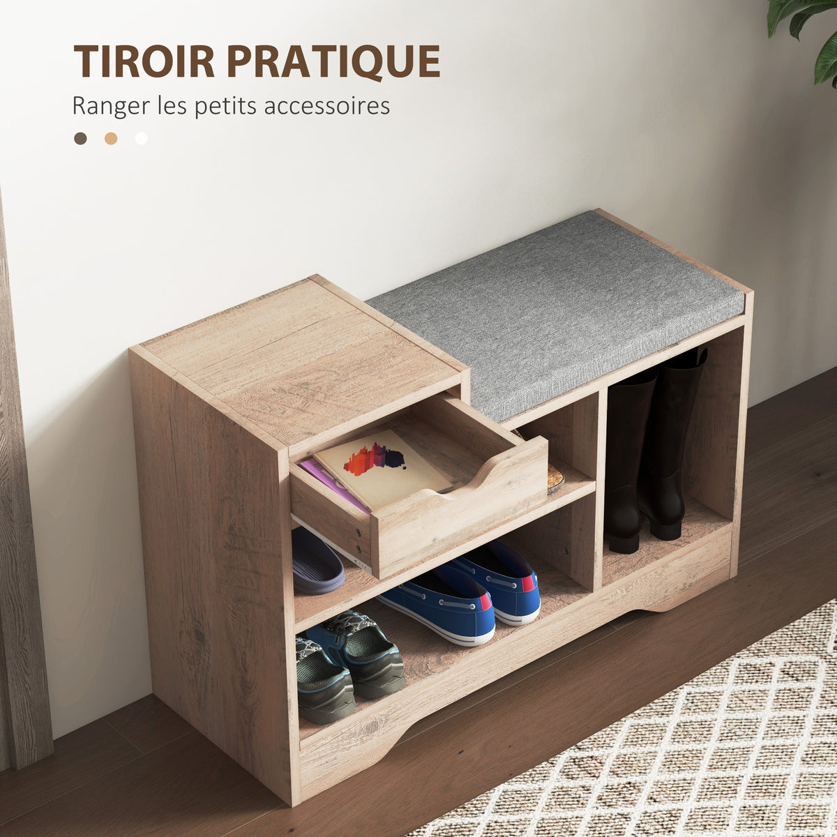 Banc à chaussures 1 tiroir et 3 compartiments, avec coussin rembourrée capacité 5 paires, 76,5 x 30 x 52 cm gris