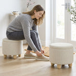 Ronde opbergpoef van jute, voetenbankje met deksel, poten van rubberwood, beige