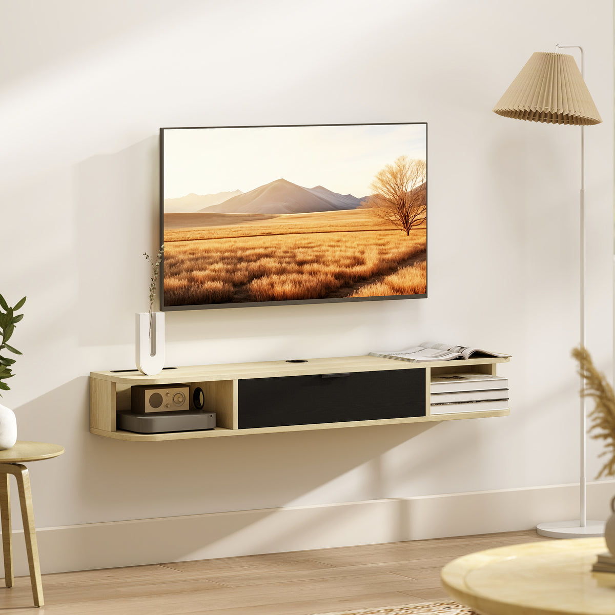 Meuble TV suspendu, meuble télé pour téléviseur jusqu'à 50 pouces, tiroir rabattable 2 étagères 120x24x16cm noir