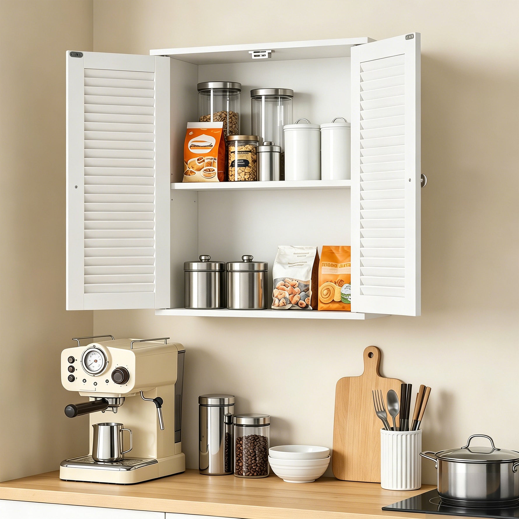 Armoire murale de salle de bain, meuble de rangement suspendu avec 2 portes persiennes et étagère réglable, blanc