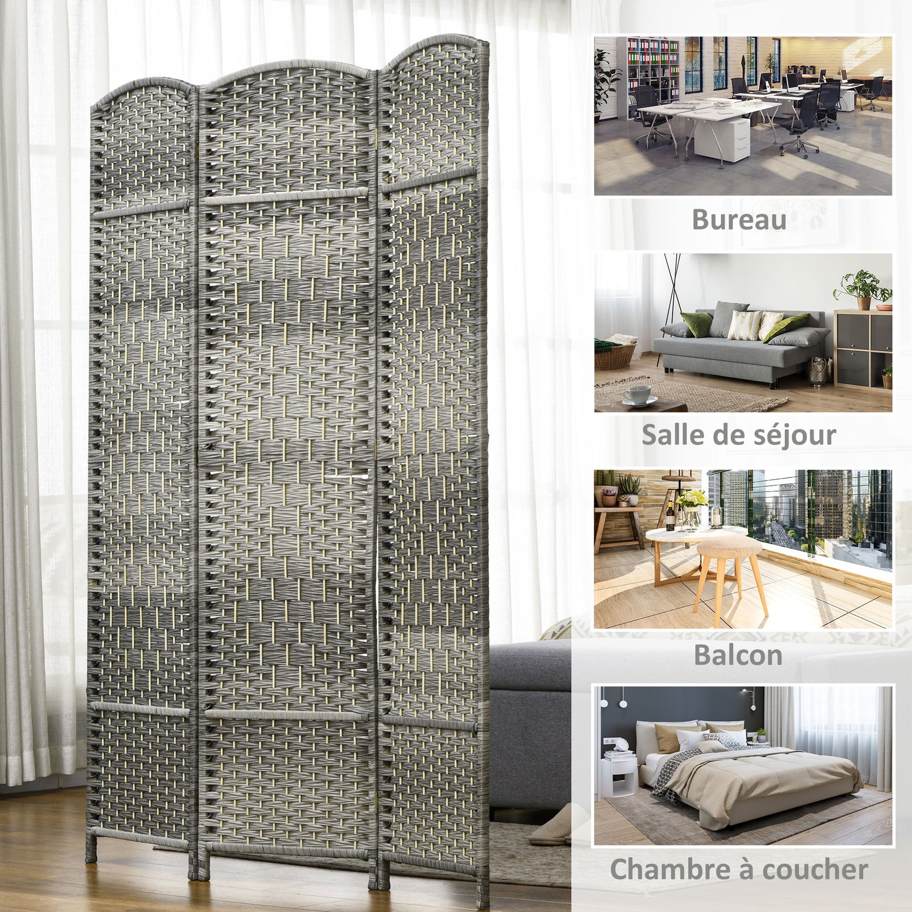 Paravent intérieur en bois 3 panneaux séparateur de pièce pliable pour salon chambre 135 x 180 cm gris