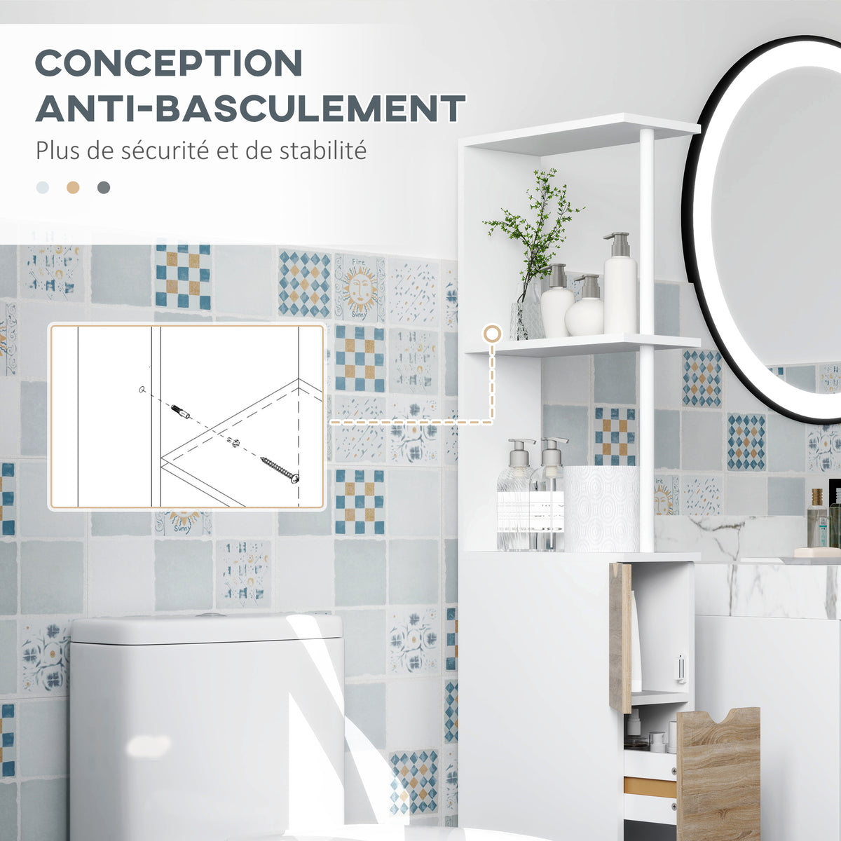 Meuble colonne salle de bain armoire de salle de bain avec tiroirs étagères ouvertes placard 15 x 33 x 136,8 cm blanc