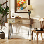 Table console avec 3 tiroirs, table d'entrée étroite avec pieds en épingle à cheveux en acier, 90 x 30 x 75 cm, marron