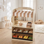 Holz-Rollenspielset für Kinder, Kasse, Spiellebensmittel, Kreidetafel und 61 Zubehörteile, für 3 bis 8 Jahre