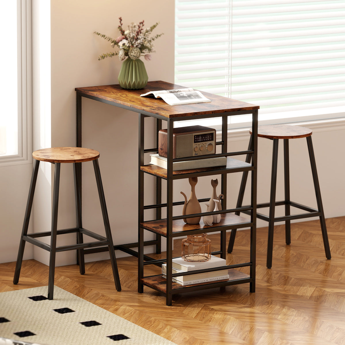 Mesa de bar alta con 3 estantes de almacenamiento y estructura de acero, 90 x 50 x 90,5 cm, marrón rústico, negro