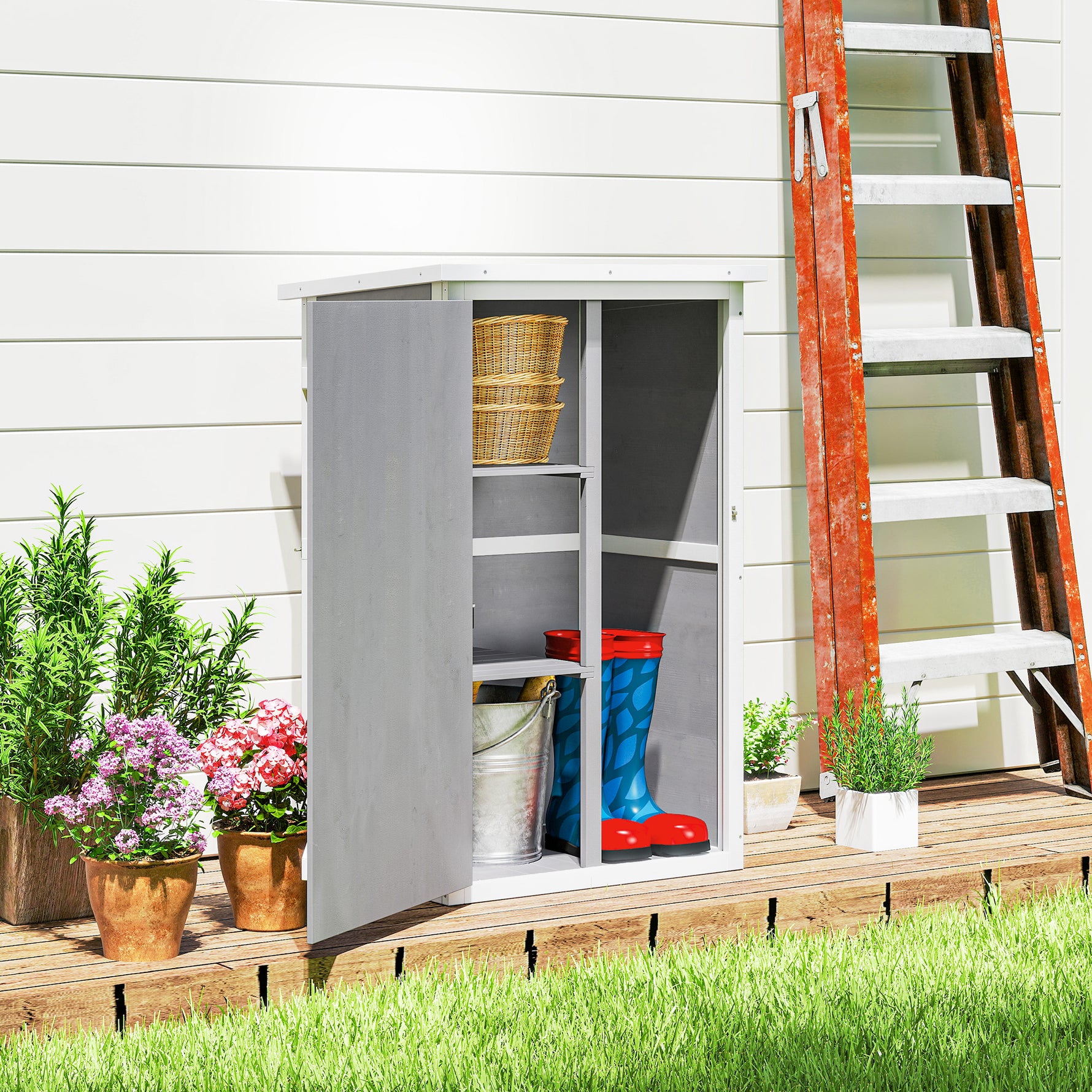 Armoire abri de Jardin Remise pour Outils Bois de Sapin pré-huilé Toit bitumé incliné - Grande Porte verrouillable loquet - 2 étagères - dim. 75L x 56l x 115H cm