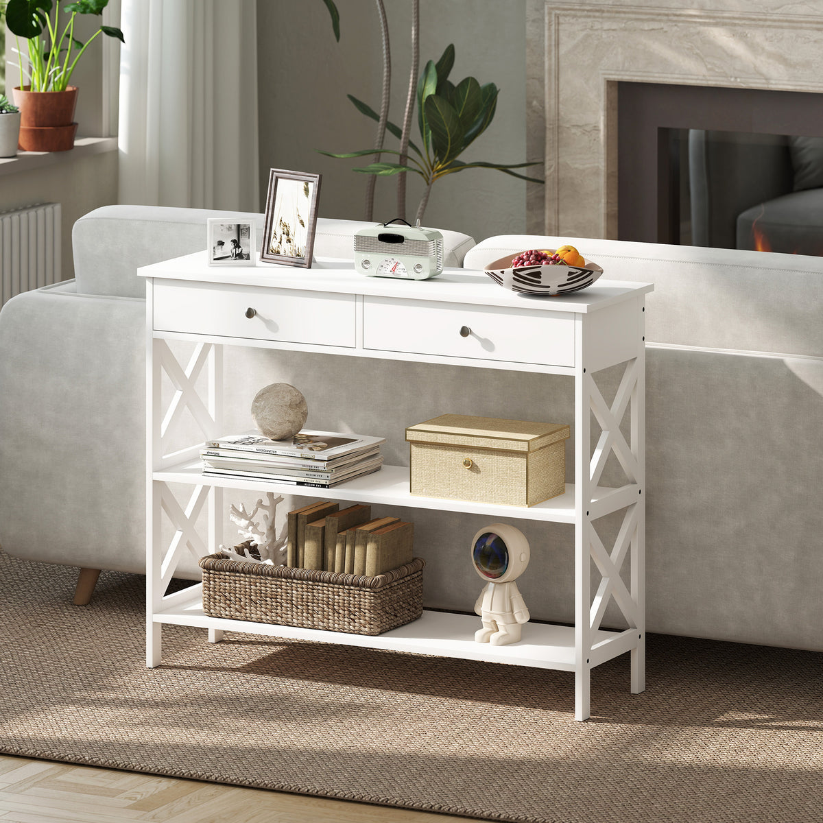 Table de console table d'entrée style table de drapier néo-rétro 2 tiroirs 2 étagères dim. 100L x 30,5l x 80H cm en bois blanc