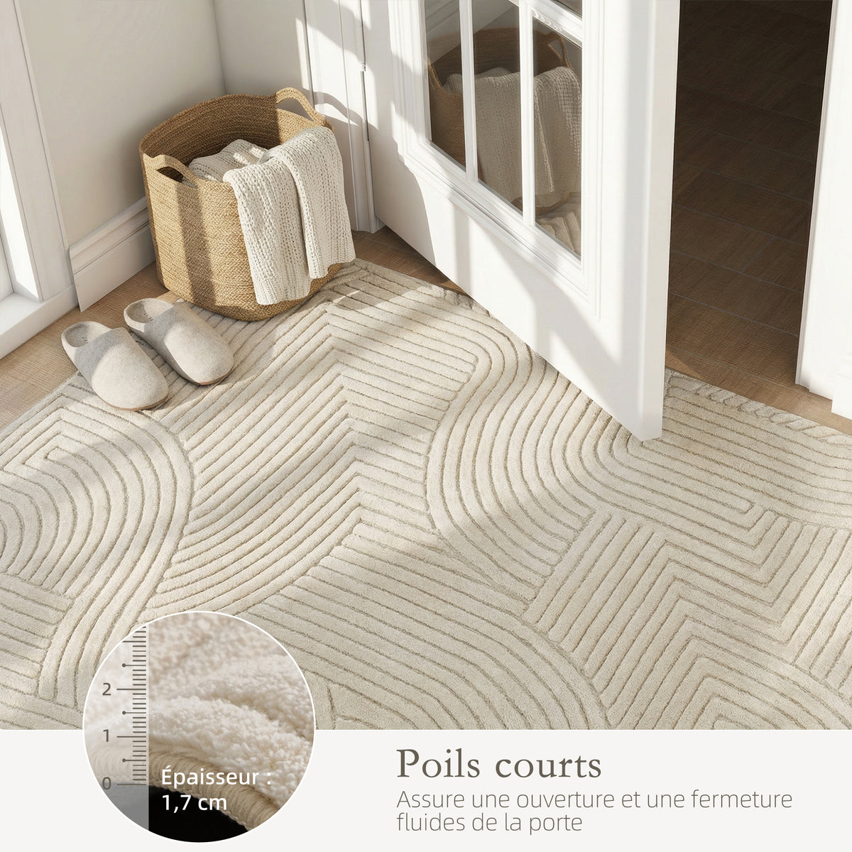 Tapis salon 200 x 140 cm, tapis à poils épais géométrique, moelleux et antidérapant, crème