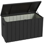 Coffre de rangement pour jardin 450L en métal avec vérin à gaz, roulettes et poignée - dim. 125,5L x 61,5l x 70H cm