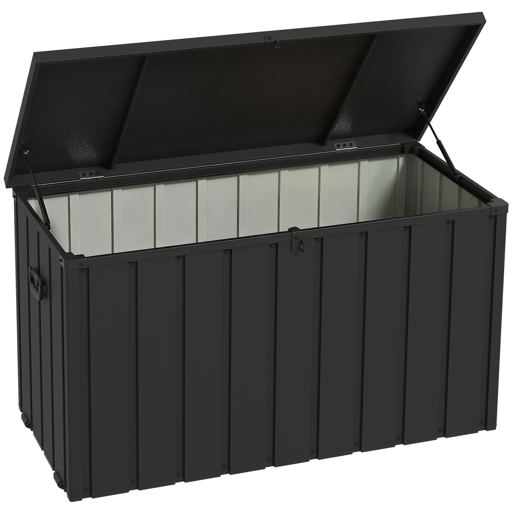 Coffre de rangement pour jardin 450L en métal avec vérin à gaz, roulettes et poignée - dim. 125,5L x 61,5l x 70H cm