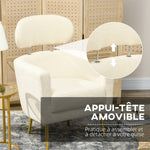 Fauteuil salon avec appuie-tête amovible, fauteuil crapaud en peluche teddy, pieds en métal, 71 x 65 x 90 cm, crème