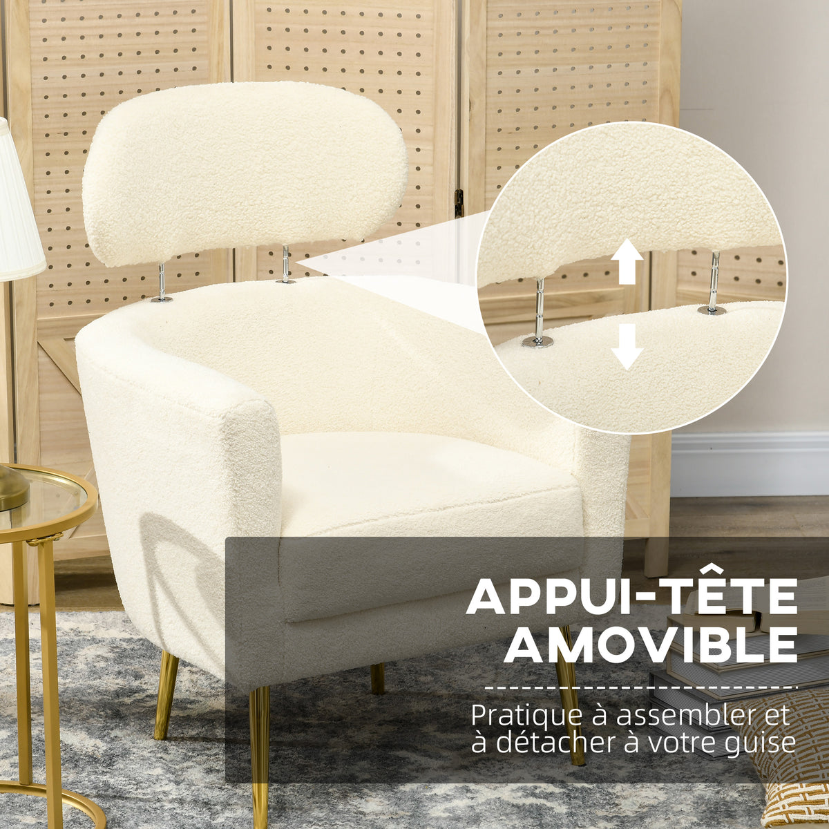 Fauteuil salon avec appuie-tête amovible, fauteuil crapaud en peluche teddy, pieds en métal, 71 x 65 x 90 cm, crème