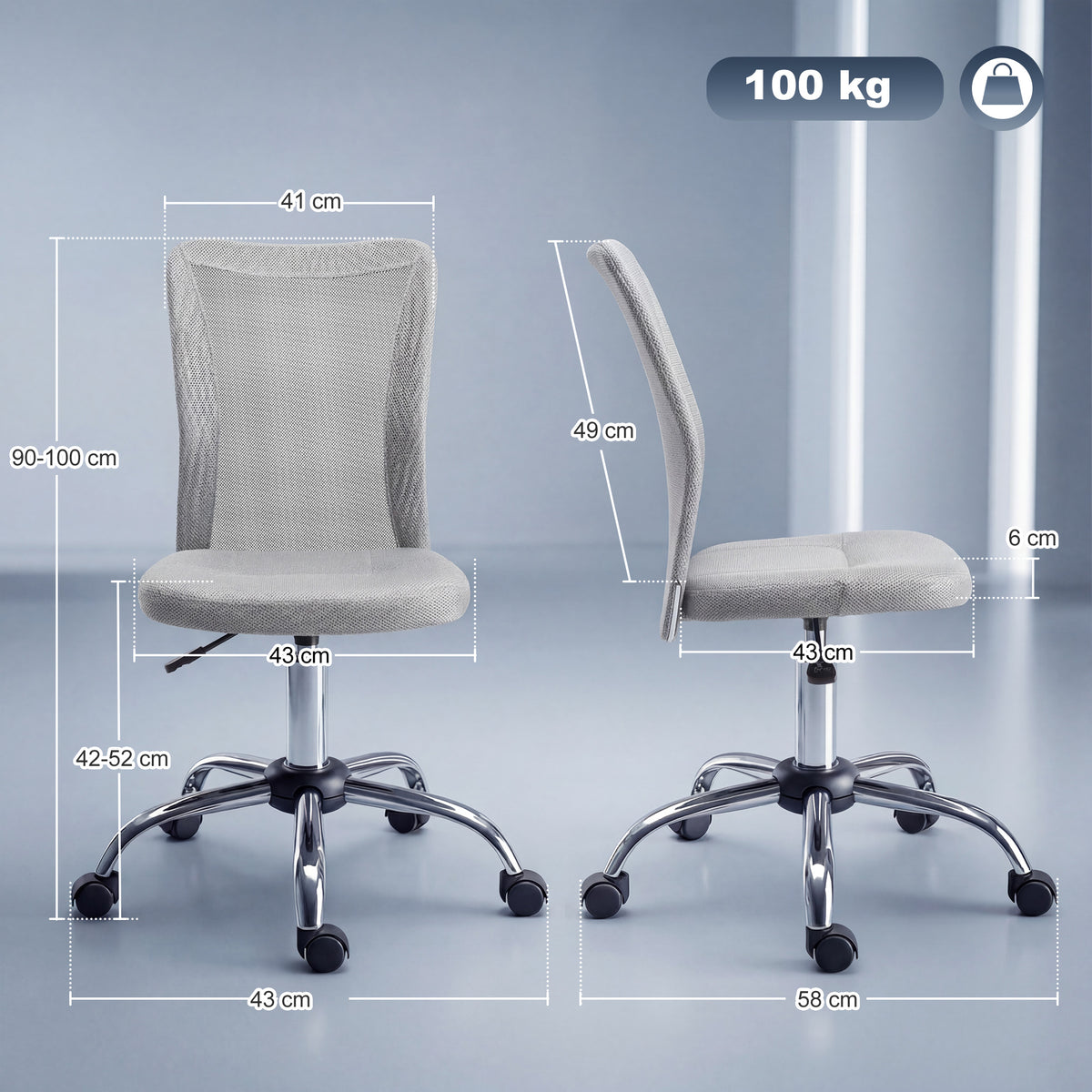 Chaise de Bureau Ergonomique, Fauteuil de Bureau, Hauteur Réglable, Piètement Chromé, Pivotant 360°, Revêtement Maille, Gris