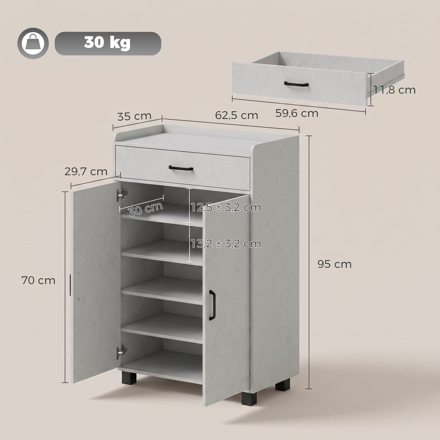 Meuble à Chaussures, Armoire à Chaussures avec 2 Portes, Tiroir, 5 Compartiments et Étagères Réglables, Gris