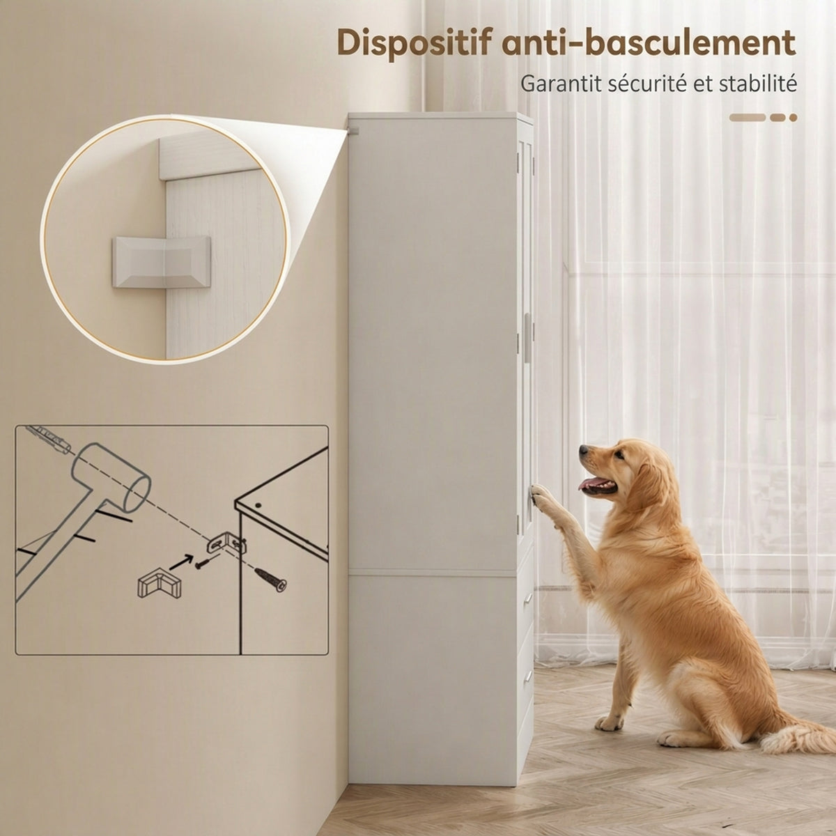 Buffet haut cuisine, armoire de cuisine, 2 portes, 8 porte-épices, 2 tiroirs, étagères réglables, 60x40x159cm, blanc