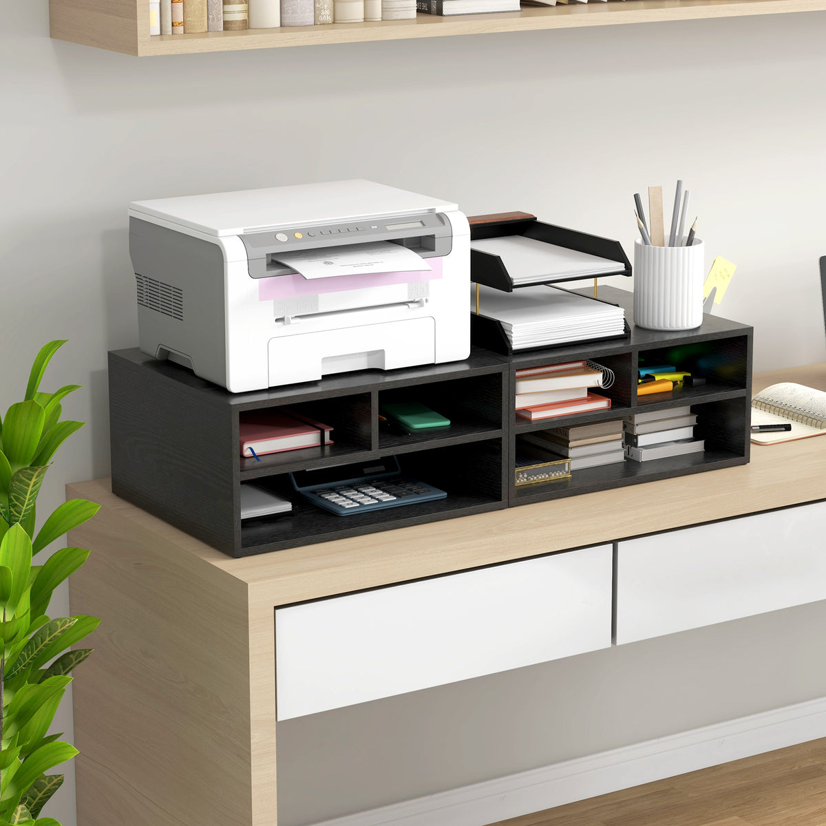 Organizador de escritorio aspecto negro con 3 compartimentos para suministros y soporte de impresora 47 x 40 x 22,5 cm