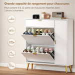 Meuble à chaussures 12 paires, armoire à chaussures, 2 tiroirs rabattables, 4 compartiments, 99,4x23,8x106,6cm, blanc