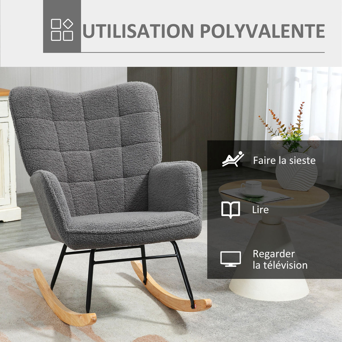 Fauteuil à bascule rocking chair revêtement effet laine bouclée, structure en acier 71 x 98 x 101 cm Gris foncé