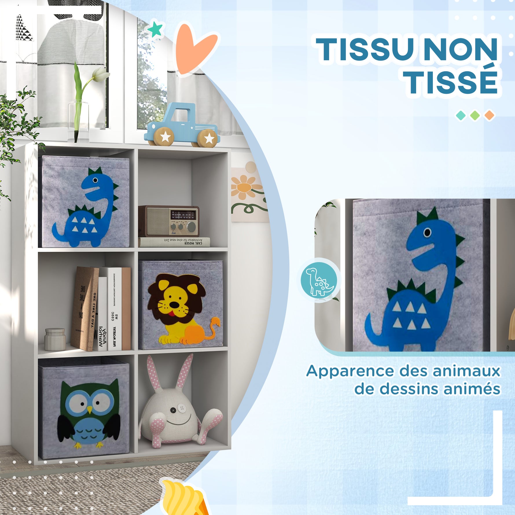 Meuble étagère bibliothèque 6 cases 3 cubes paniers en tissu motif animaux pour chambre enfant 62 x 30 x 91,5 cm blanc