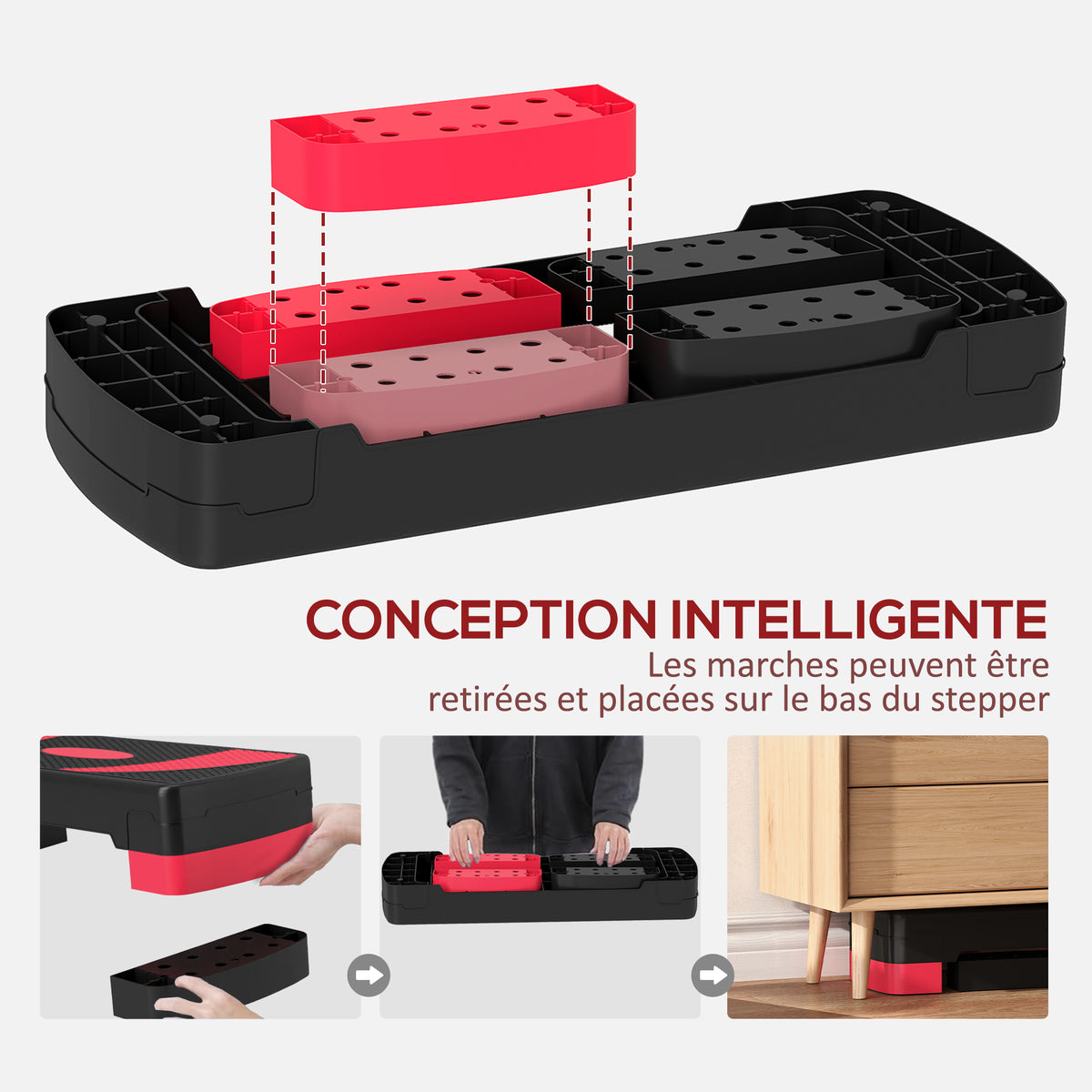 Stepper fitness aerobica altezza regolabile superficie antiscivolo 80 x 31 x 20 cm nero rosso
