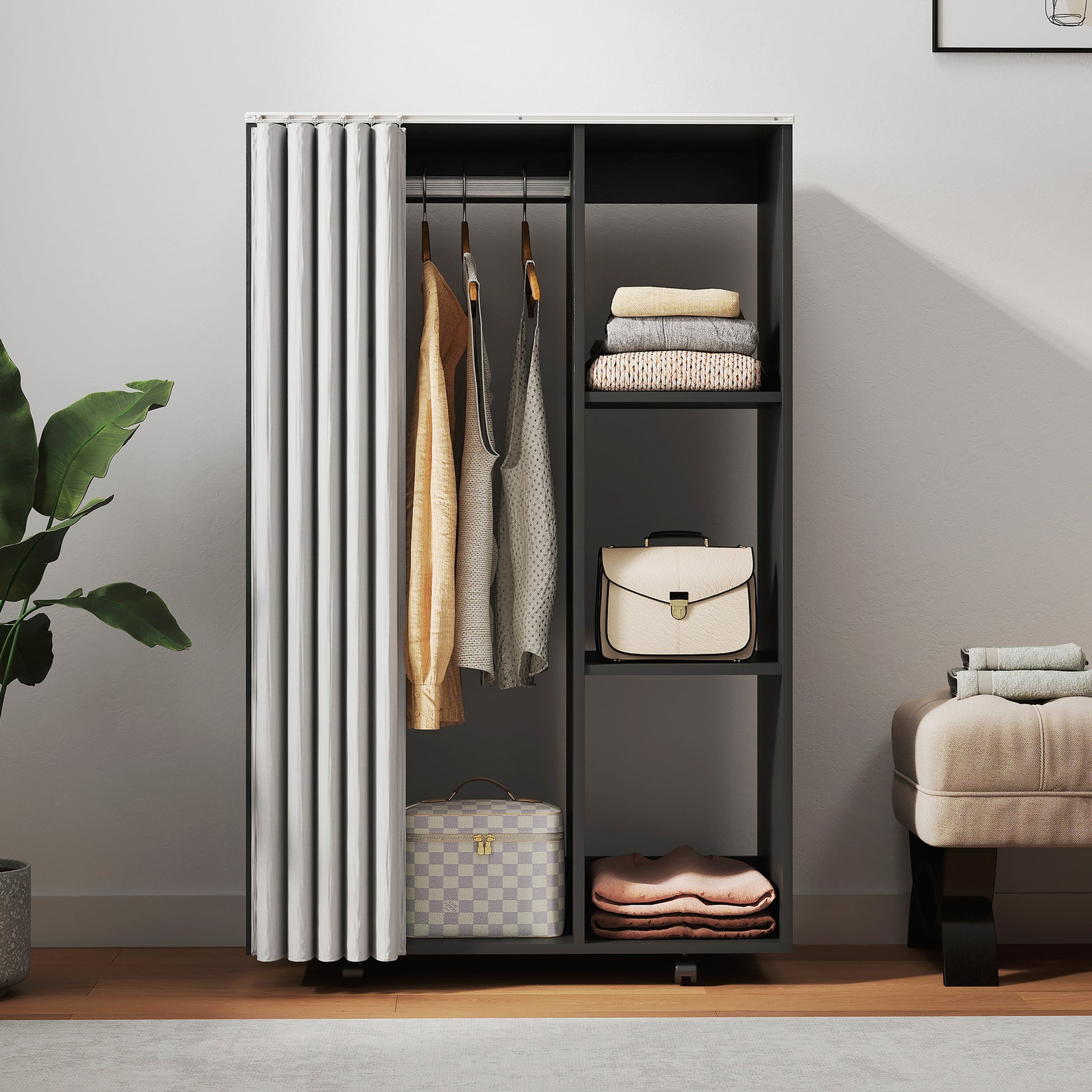 Armoire penderie vêtement dressing mobile 4 roulettes tringle à vêtements et étagères ouvertes 80 x 40 x 128 cm noir