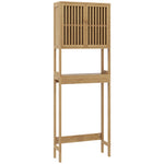 Étagère de toilettes meuble de salle de bain dessus toilette WC avec placard 2 portes et étagère ouverte bambou