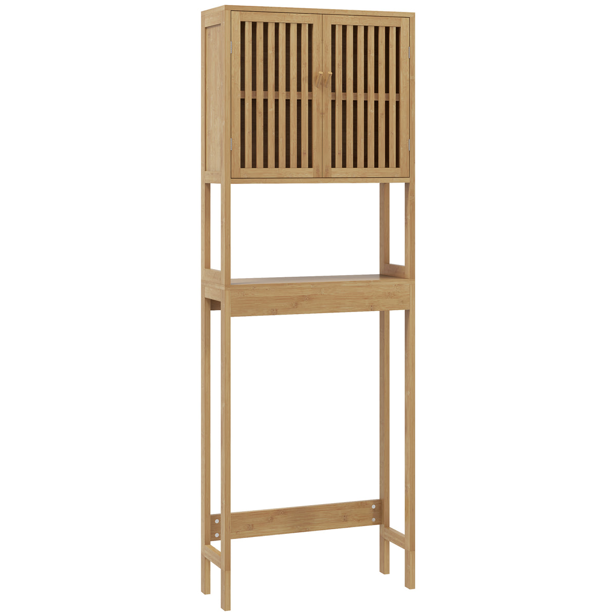 Étagère de toilettes meuble de salle de bain dessus toilette WC avec placard 2 portes et étagère ouverte bambou