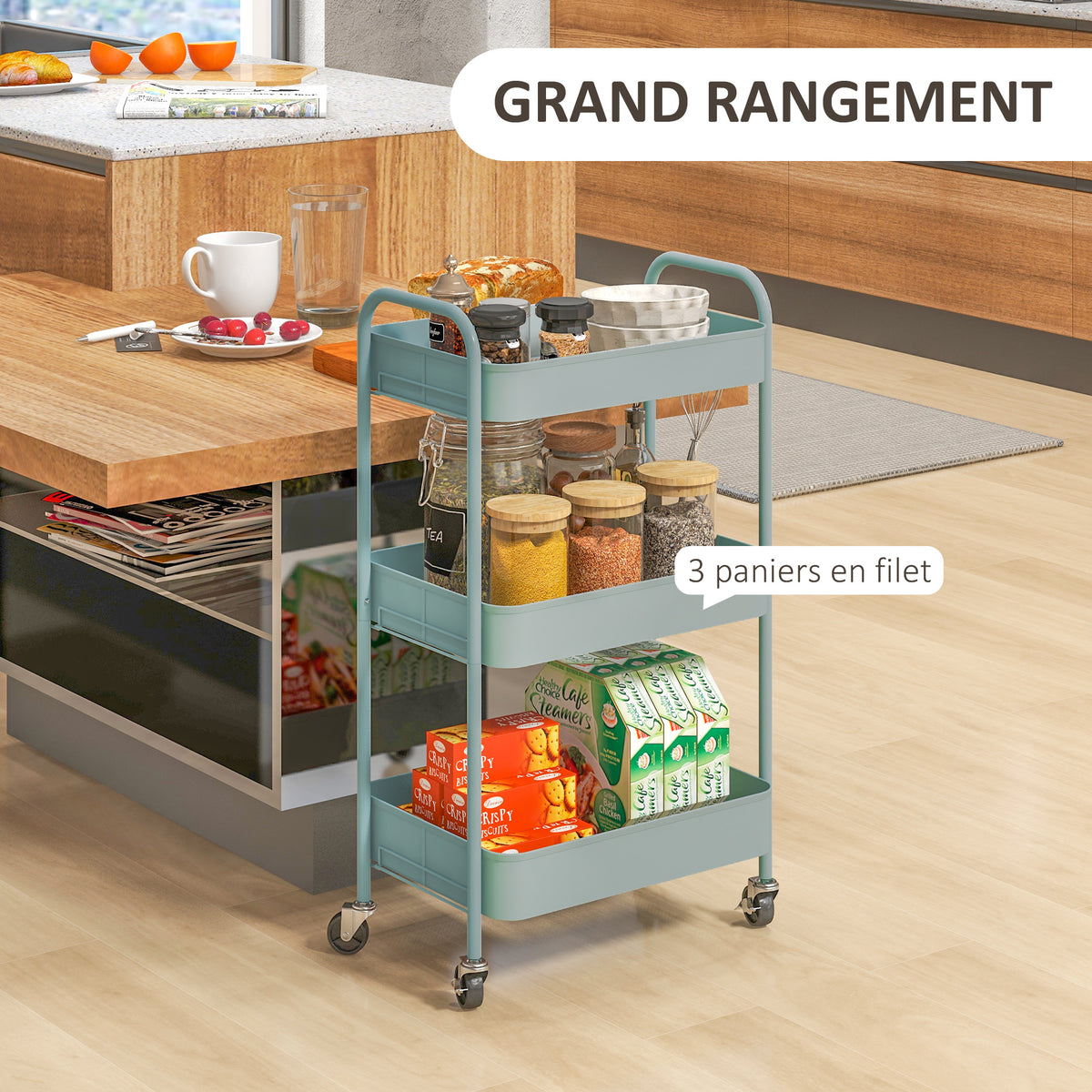 Desserte chariot de rangement en acier chariot de service à roulettes 3 plateaux ajourés 45 x 30,6 x 79 cm bleu clair