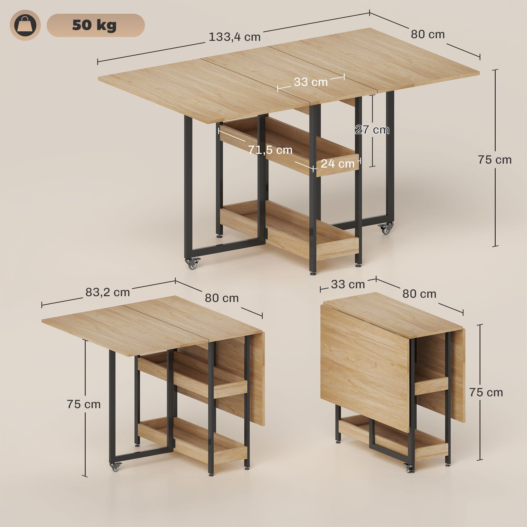 Table à manger pliante sur roulettes 4 personnes avec compartiments ouverts, pour petits espaces, salle à manger, chêne