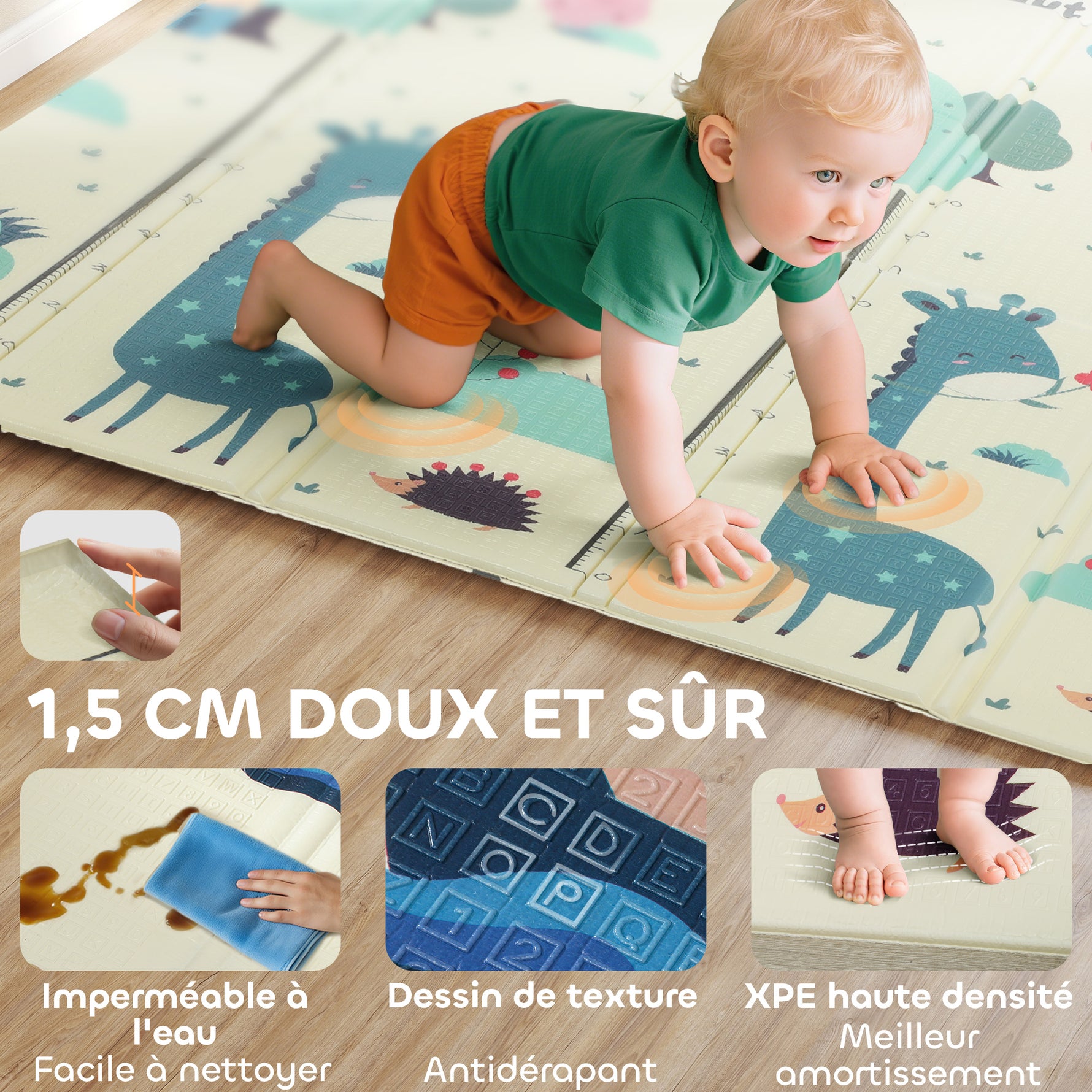 Tapis de jeu pour enfant bebe, tapis d'éveil bébé pliable épais réversible en mousse, 196 x 176 x 1,5 cm, multicolore