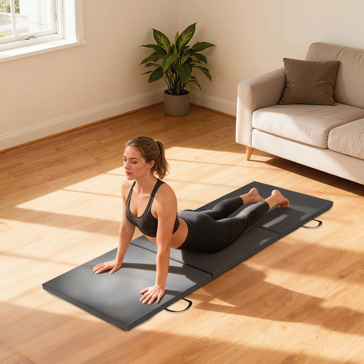 Tapis de gymnastique yoga pilates fitness pliable en 3 panneaux avec poignées revêtement synthétique 180 x 60 x 5cm gris