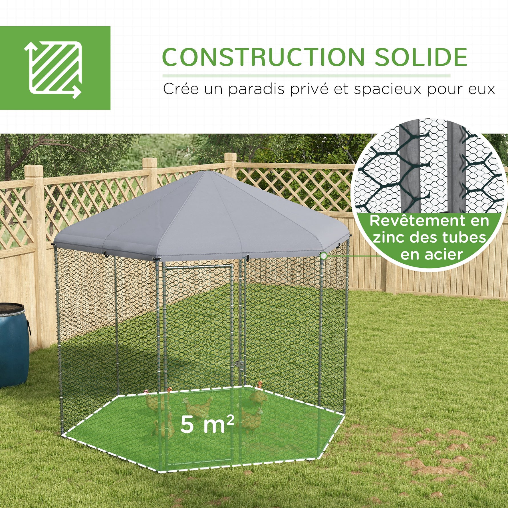 Enclos poulailler extérieur 5 m² parc grillagé dim. 2,8L x 2,45l x 2,46H - espace couvert - 5/8 poules