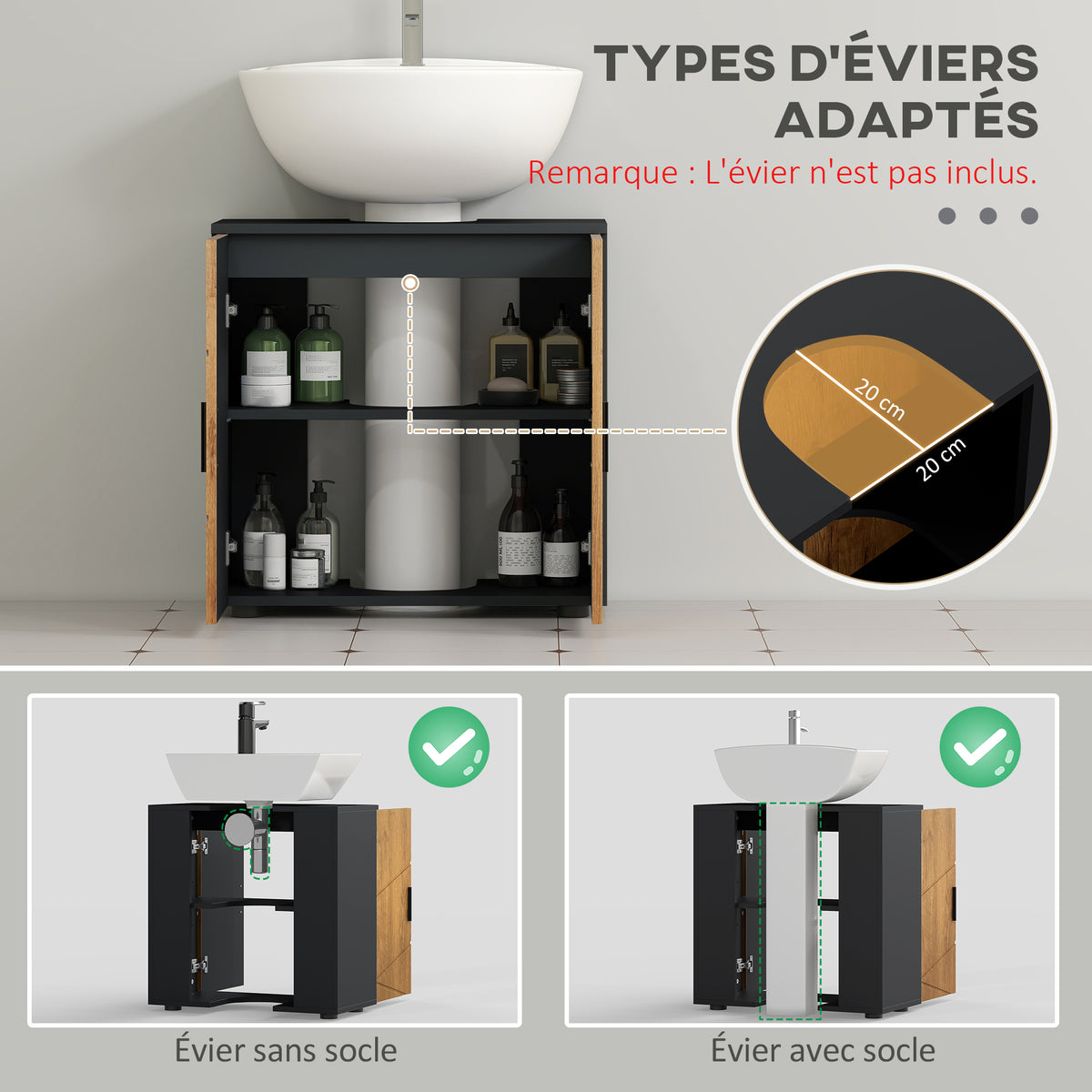 Meuble sous vasque lavabo meuble de salle de bain 2 portes avec étagère 60 x 30 x 60 cm gris anthracite et aspect bois