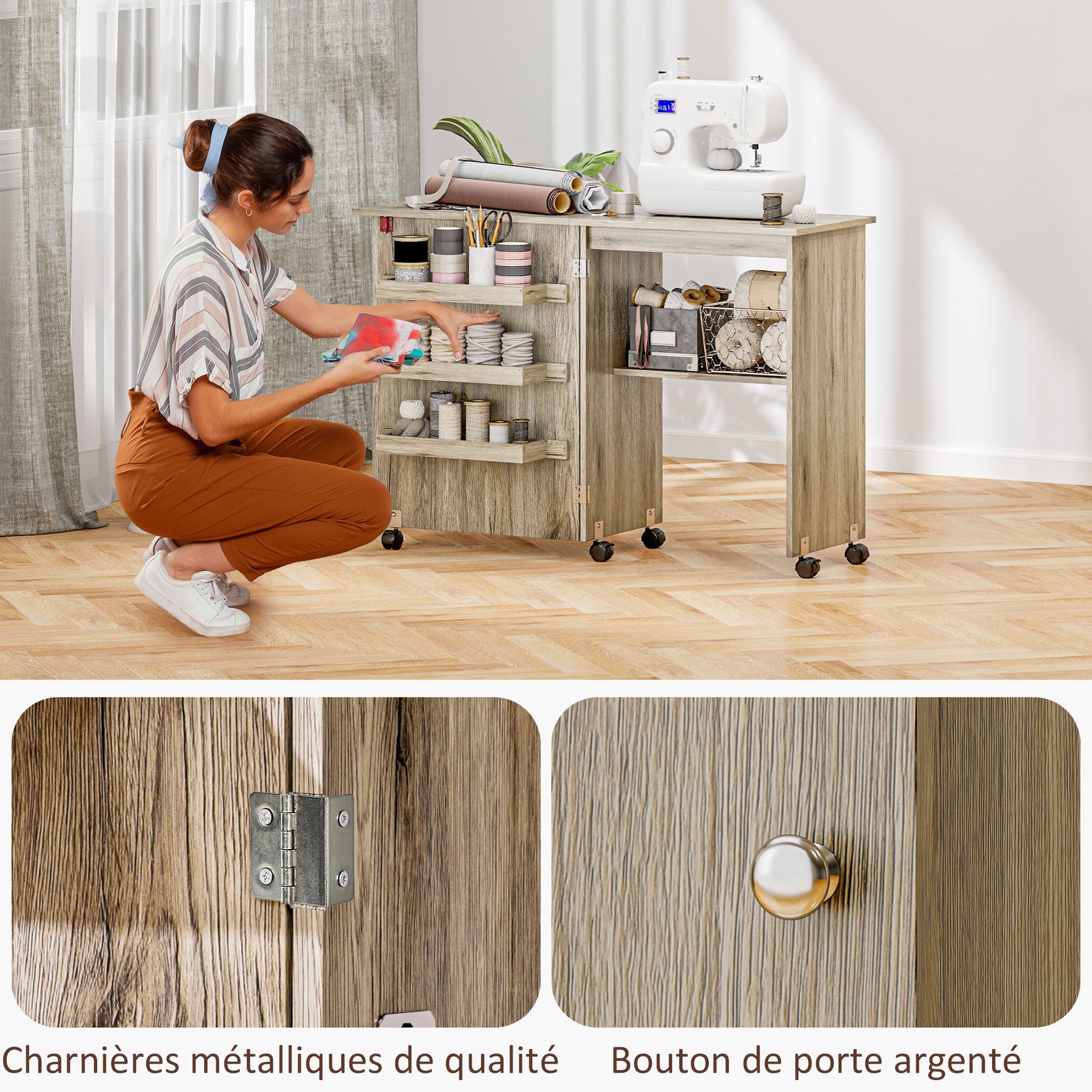 Table de couture pliante meuble couture à abattant avec bacs de rangement, étagère ouverte et roulettes effet bois grisé