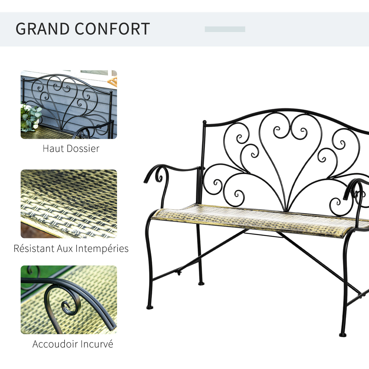 Banc de Jardin 2 Places Style néo-rétro Fer forgé Lignes fuselées métal Noir doré Effet Vieilli