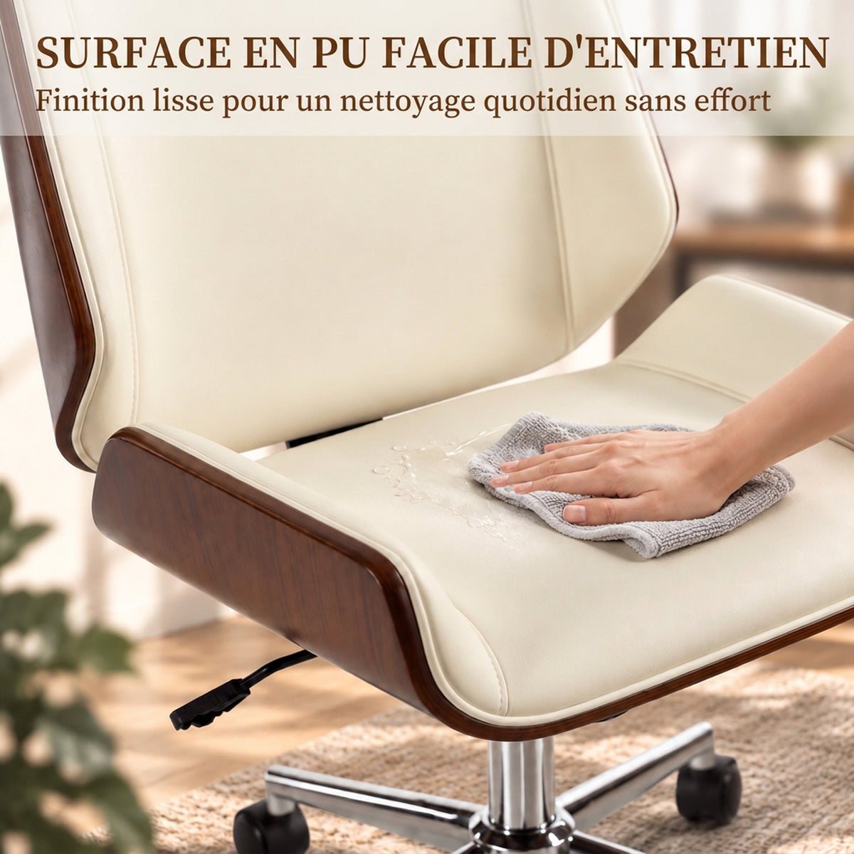 Chaise de Bureau Design Vintage, Hauteur Réglable, Pivotant 360°, Piètement Chromé, 53 x 60 x 86-96 cm, Crème