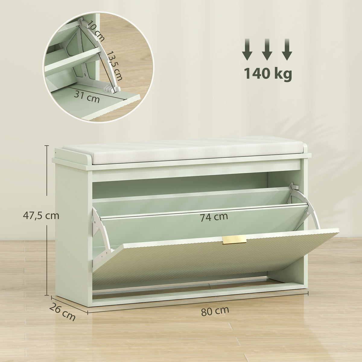 Banco zapatero con cojín de asiento acolchado y cajón abatible para pasillo, dormitorio, 80 x 26 x 47,5 cm, verde