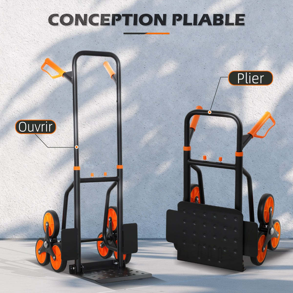 Treppensteiger-Sackkarre klappbar 120 kg 6 Räder, Stahl-Transportkarre mit Spanngurten, 44x67x106,5 cm, orange