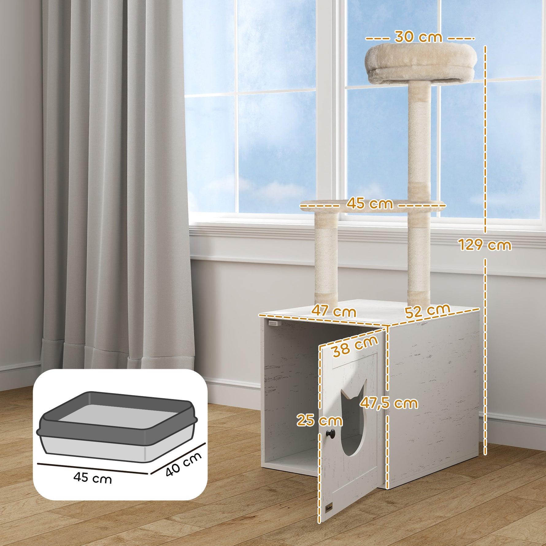 Arbre à chat avec maison de toilettes, tour de jeu 2-en-1 de 129 cm avec cache-litière, poteaux à griffer, crème