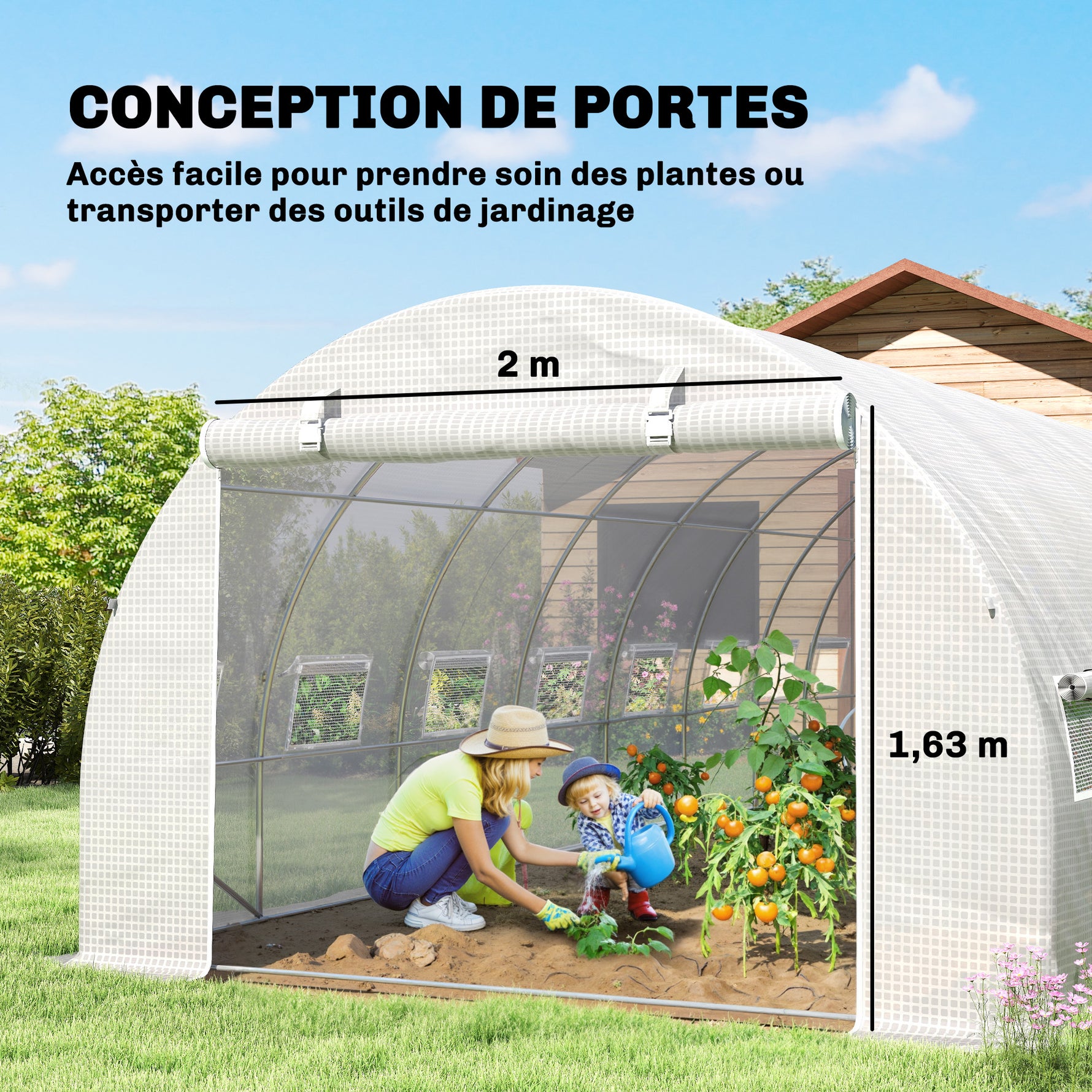 Serre de jardin tunnel 24m² 8L x 3l x 2H m - 16 fenêtres, Porte zippée enroulable acier galvanisé, bâche PE, Blanc