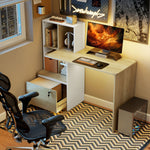 Bureau d'ordinateur avec bibliothèque 4 compartiments et tiroir verrouillable, 126 x 50 x 109 cm, chêne et blanc