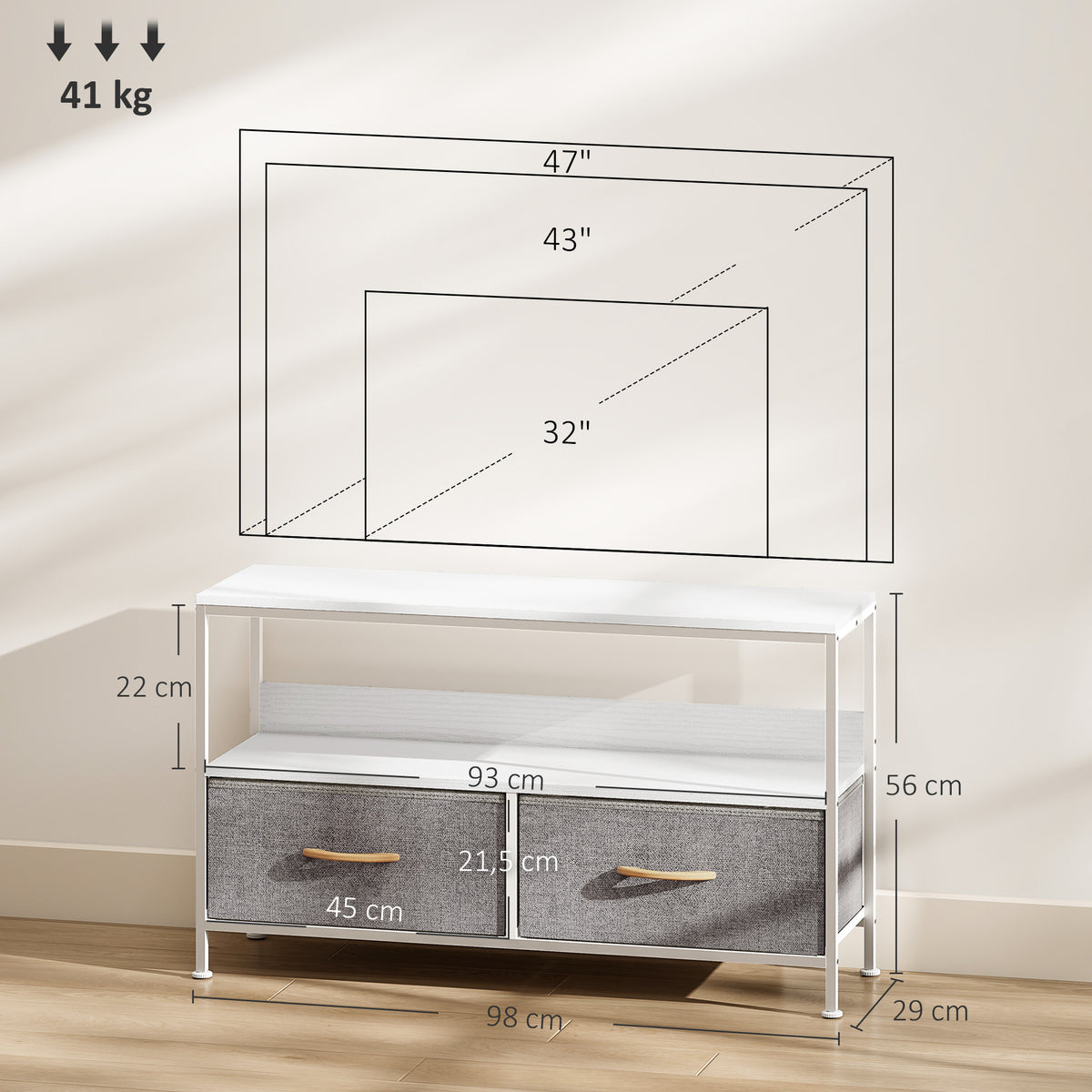 Meuble TV, meuble télé pour téléviseur jusqu'à 47 pouces avec 2 tiroirs et pieds en acier, 98 x 29 x 56 cm, gris clair