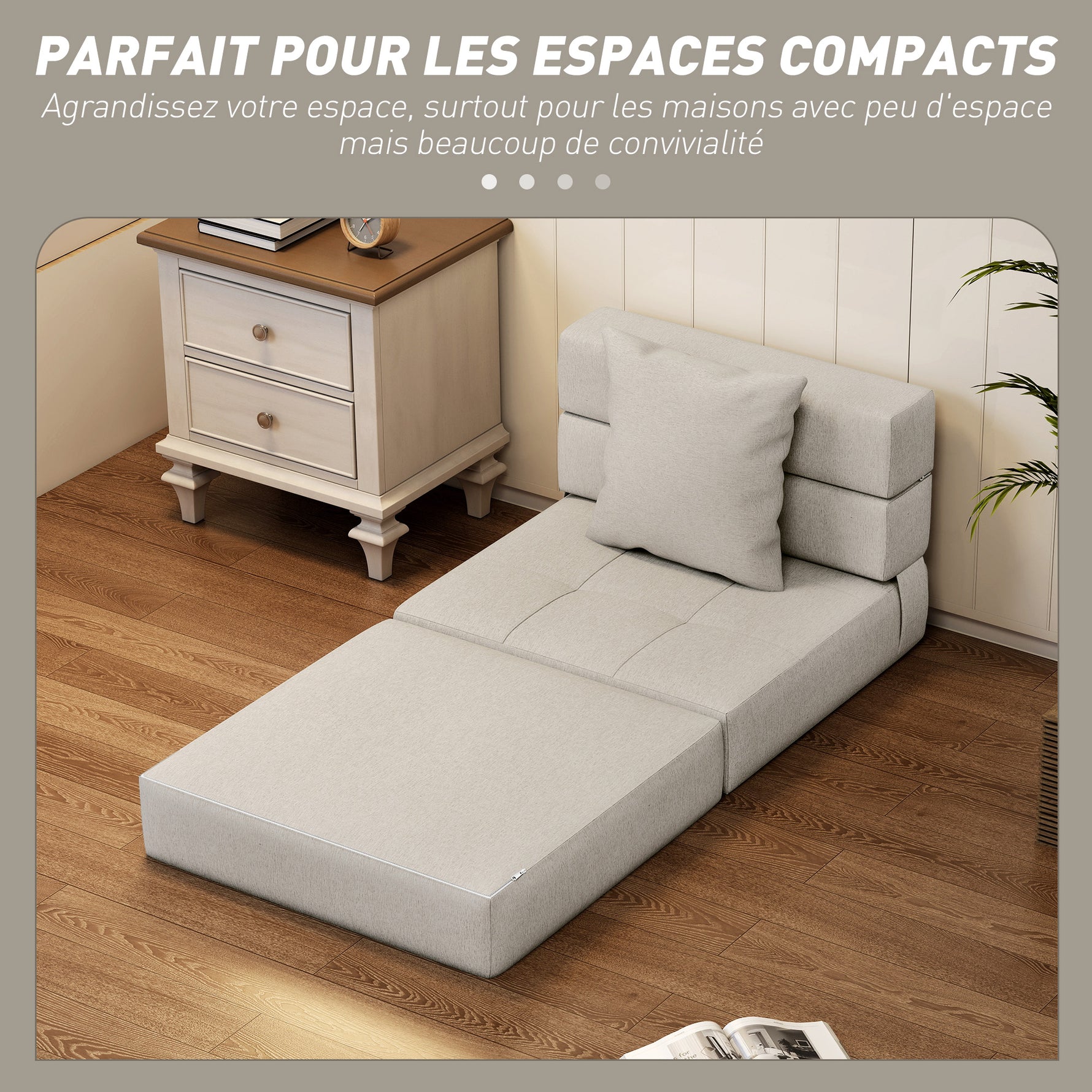 Chauffeuse canapé-lit convertible fauteuil 1 place avec 1 coussin déhoussable, tissu beige