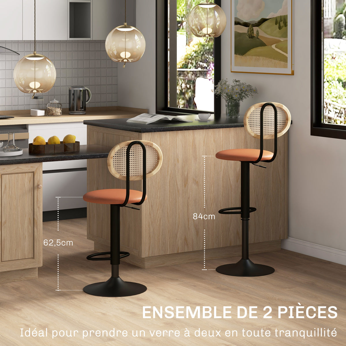 Lot de 2 tabourets de bar chaises de bar hauteur réglable avec dossier en rotin et repose-pieds, marron