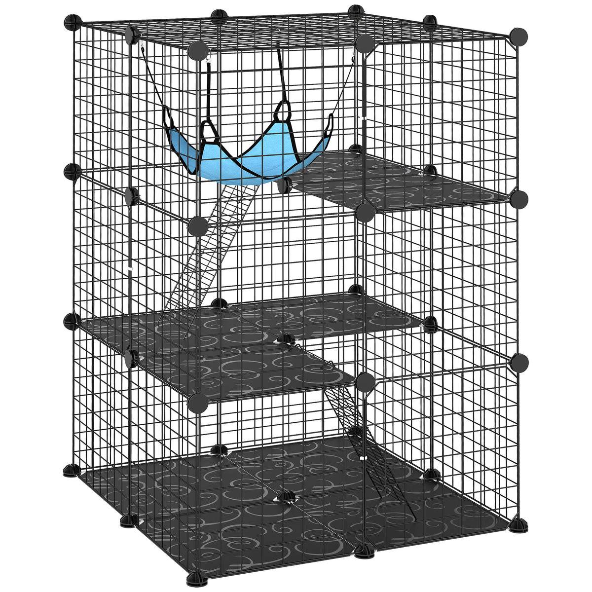 Gabbia per gatti da interno Recinto per gatti modulabile 3 porte Amaca Scaletta per piccoli animali domestici 70x70x105cm Nero