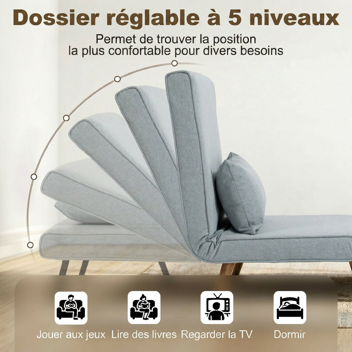 3-in-1 slaapfauteuil, eenpersoons slaapstoel, verstelbare rugleuning in 5 posities, stof, met kussen, grijs