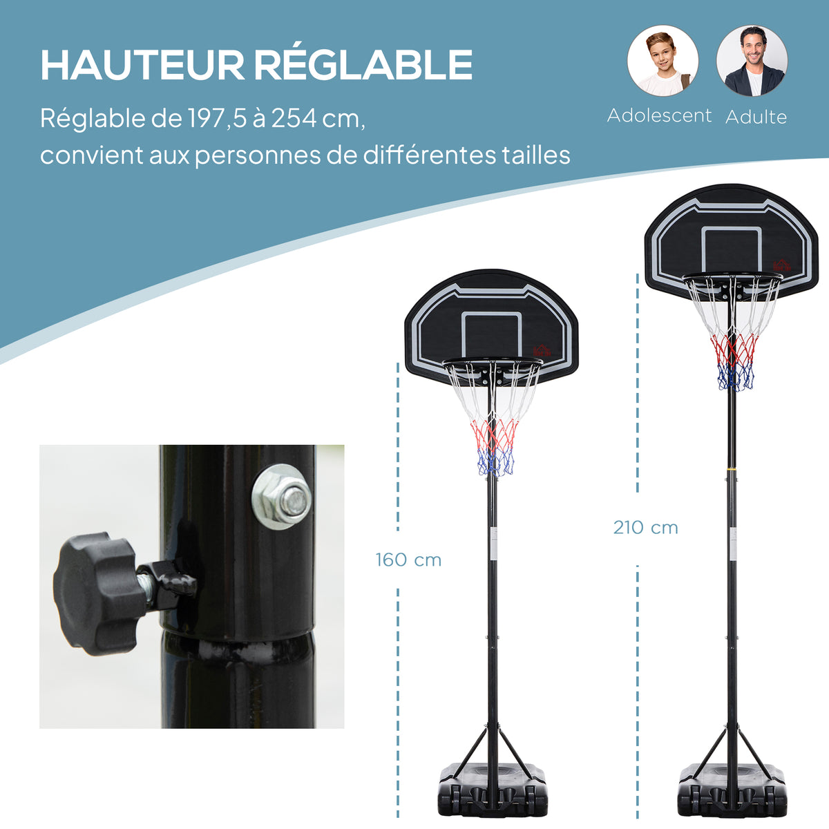 Panier de basket extérieur hauteur réglable 197,5-254 cm panier de basket sur pied à roulettes base remplissable noir