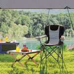 Chaise de camping pliante avec accoudoirs réglables, porte-gobelets, poches latérales et sac de refroidissement, noir